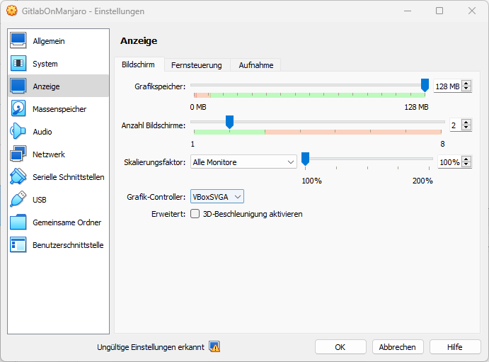 Virtual Box Manjaro Grafik konfigurieren